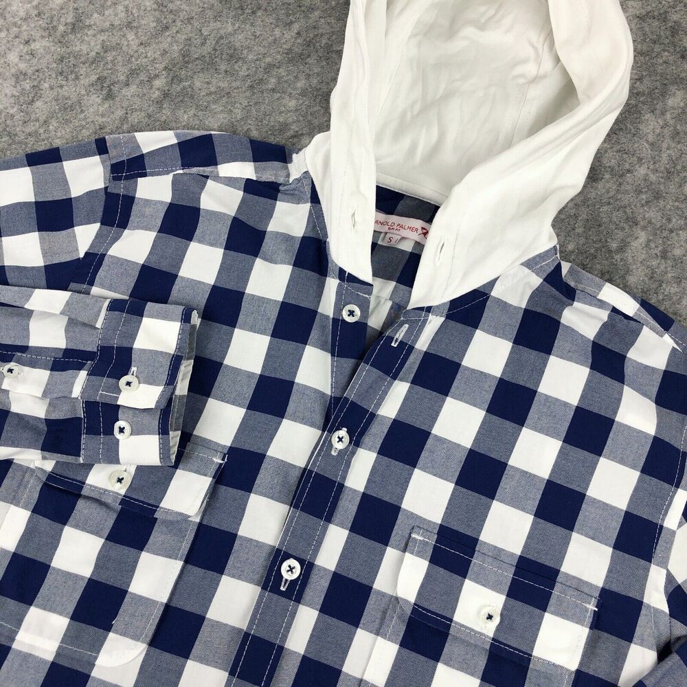 Arnold Palmer Mens Button Up Shirt Small Blue Plaid Slim Fit Hooded Long Sleeve